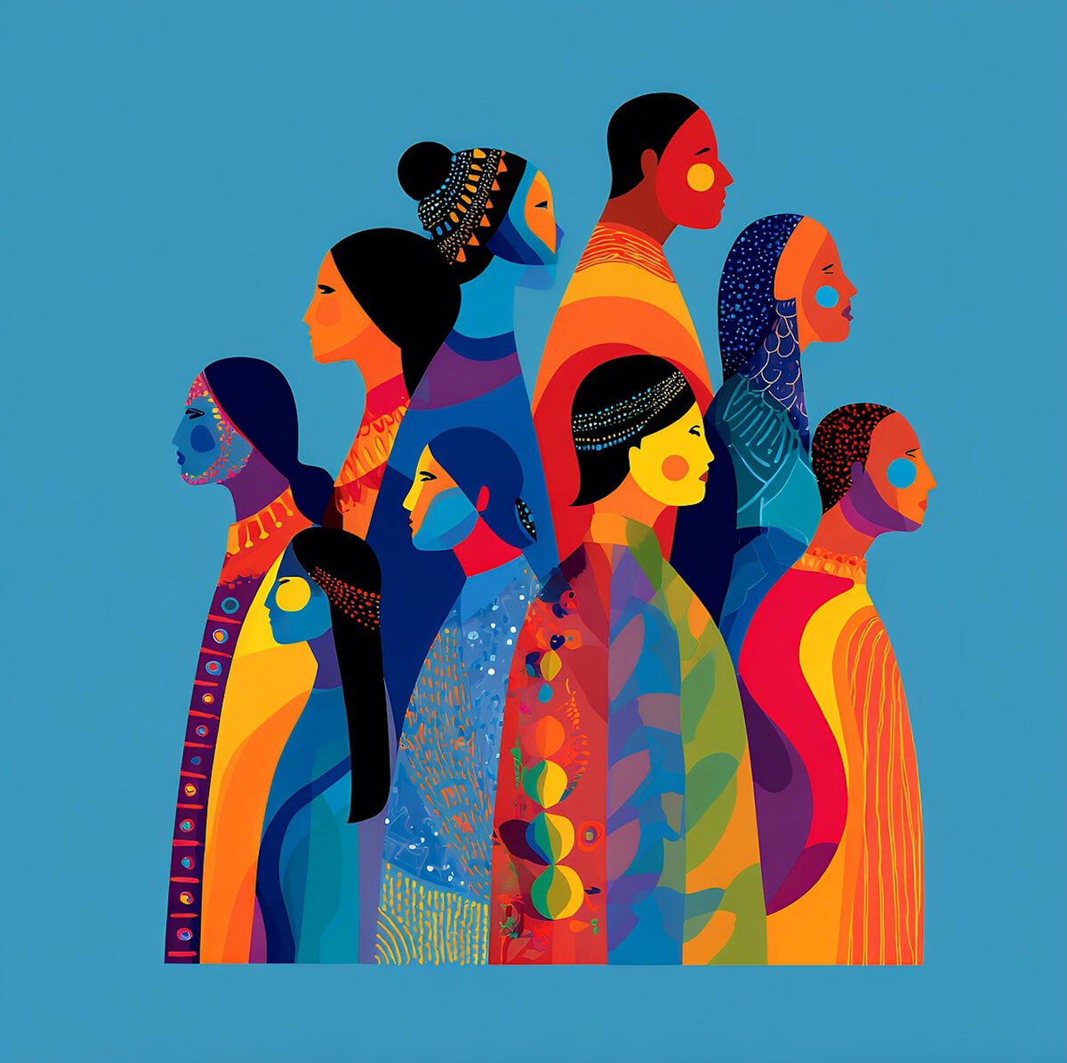 A colourful illustration of a crowd of adults, women, 2SLGBTQIA+ folks, folks with disabilities, chronic illnesses, Autism, ADHD, CPTSD, etc.